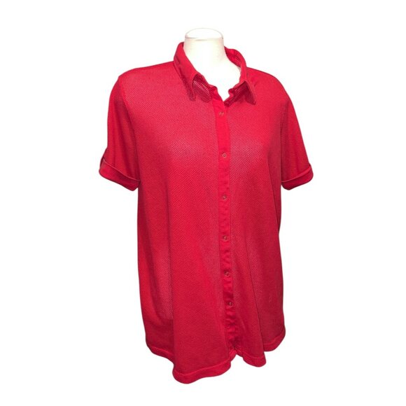 Roamans Red Mesh Button-Up Shirt Size Large Short Sleeve Lightweight Collared To - Picture 5 of 10